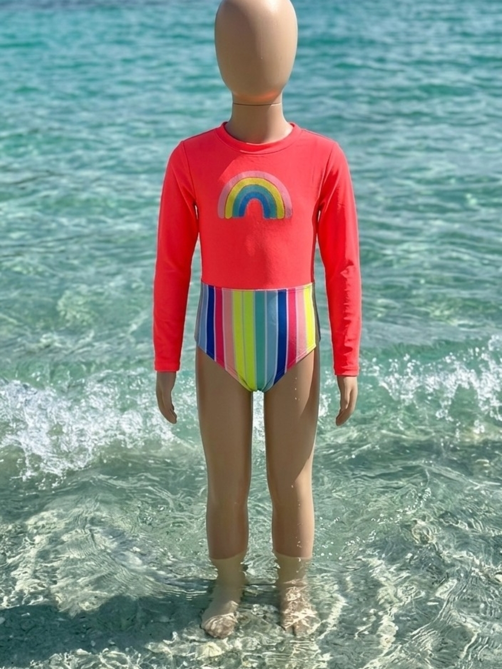 Cat & Jack Bright Coral Long-Sleeve Rainbow One-Piece Swimsuit